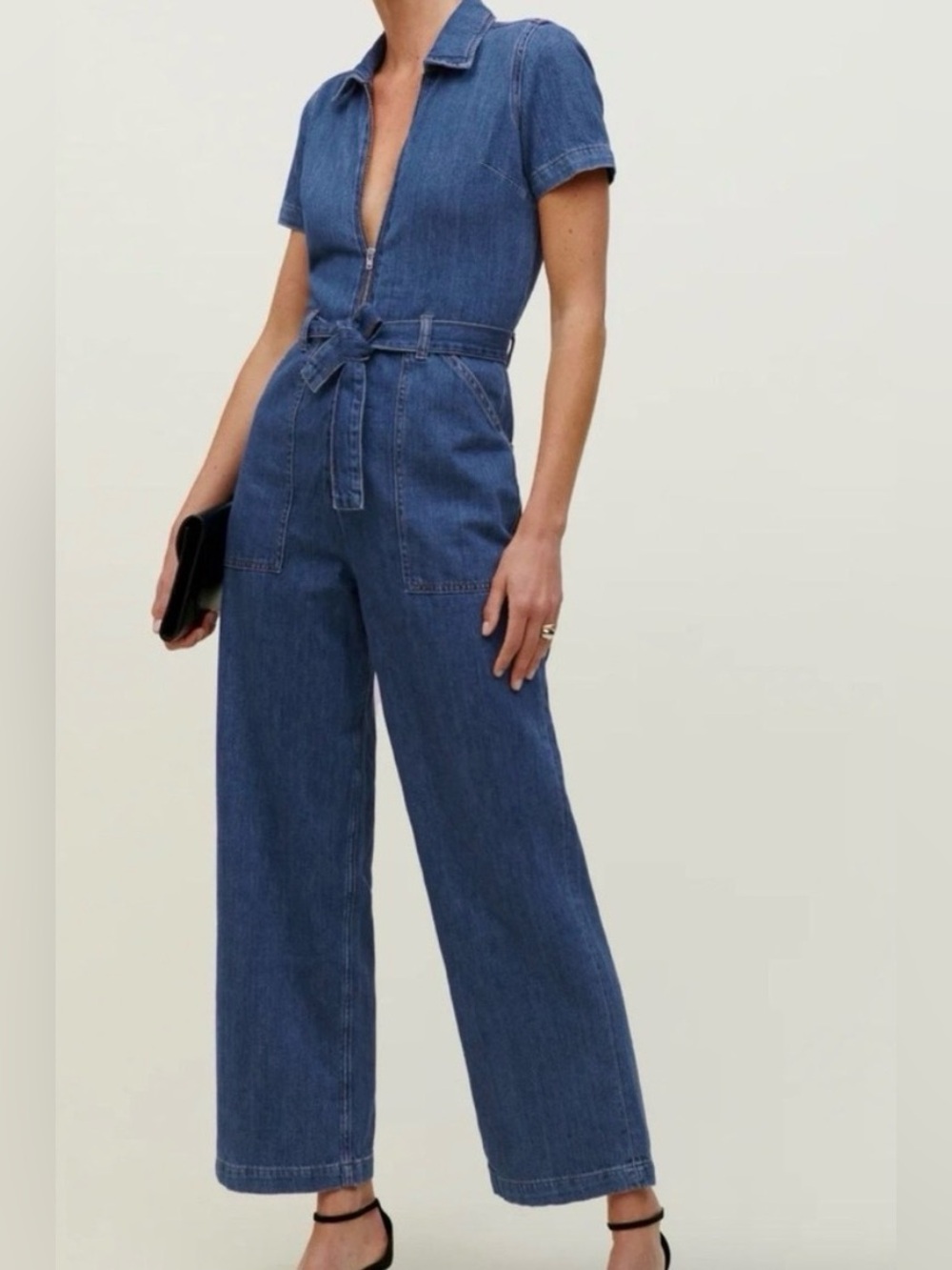 Reformation Cassidy Blue Denim Short-Sleeve Jumpsuit size 12